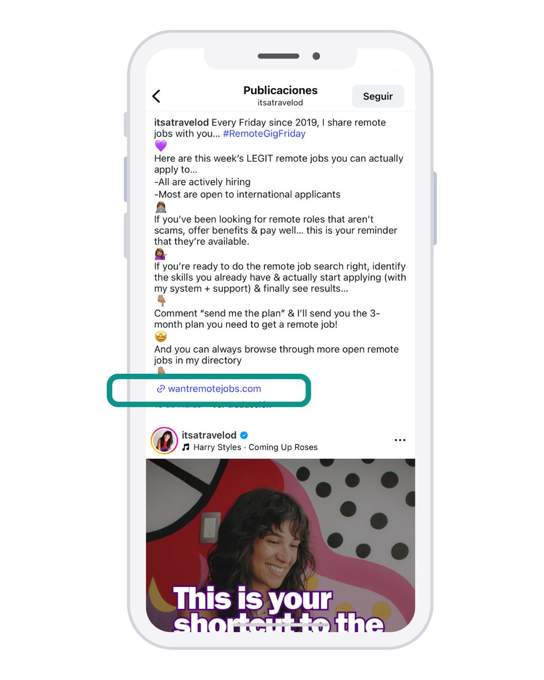 mockup de un telefono movil apple con la vista previa de un enlace clicable en la descripción de instagram